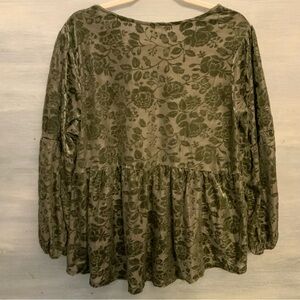 Cato Est 1946 Olive Green Velver Damask Brocade High Low Peblum Blouse 18/20W GC